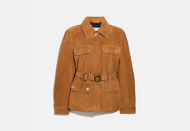 COACH®,SUEDE BELTED HERITAGE JACKET,Leather,Penny,Front View image number 0