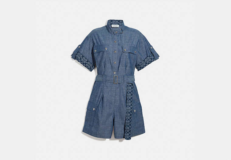 COACH®,BELTED ROMPER,Denim,CHAMBRAY,Front View image number 0