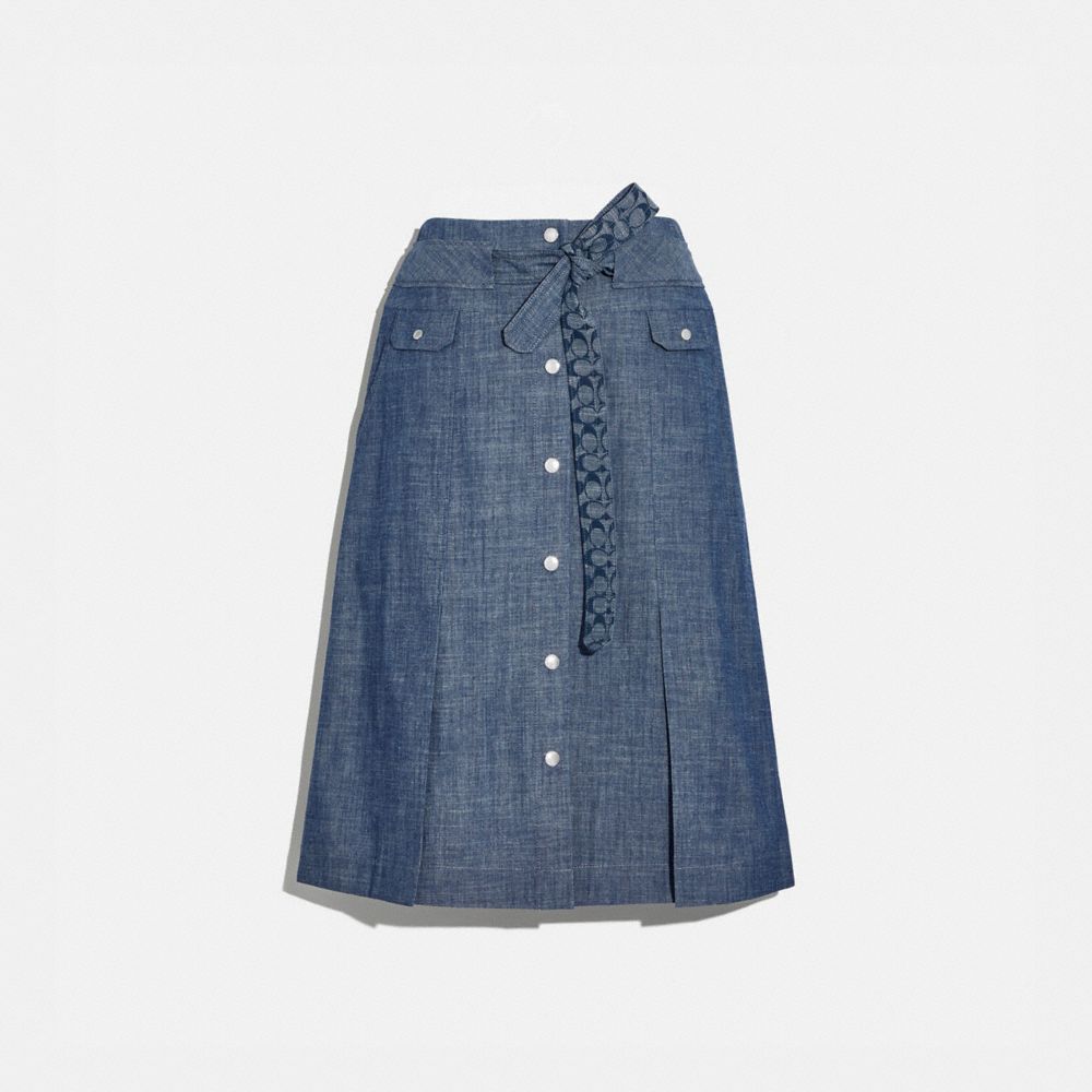 Jupe mi-longue avec ceinture en chambray