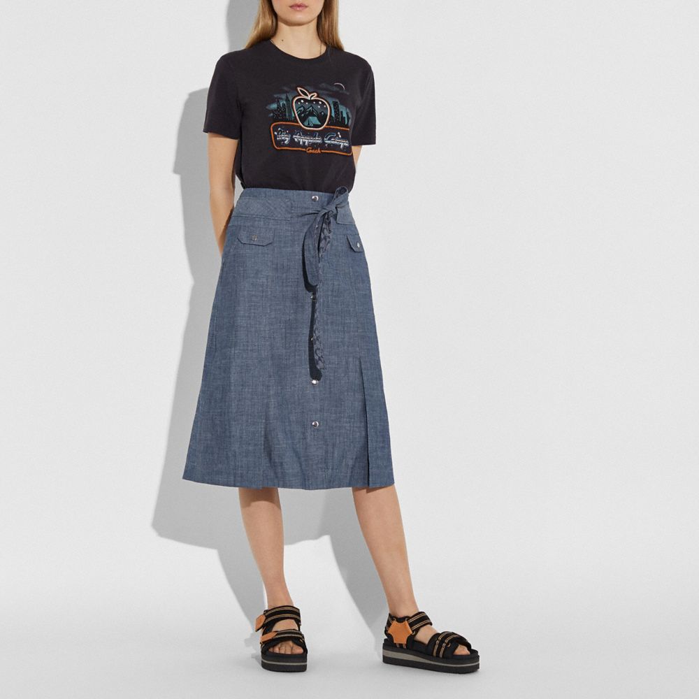 Chambray Tie Waist Midi Skirt