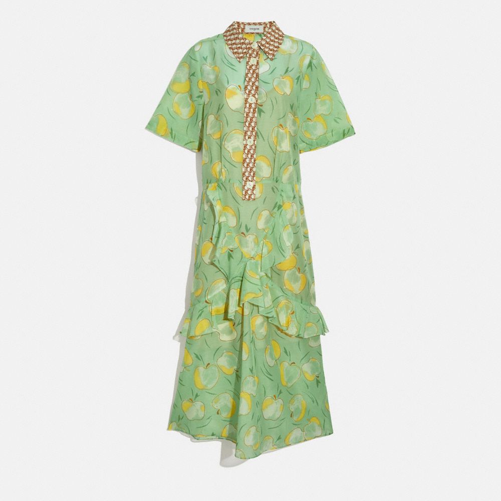 COACH®,APPLE PRINT LONG RUFFLE SHIRT DRESS,cotton,Mint/Yellow,Front View