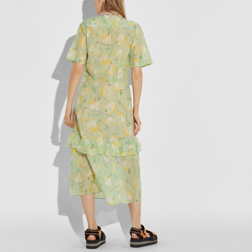 COACH®,APPLE PRINT LONG RUFFLE SHIRT DRESS,cotton,Mint/Yellow,Scale View