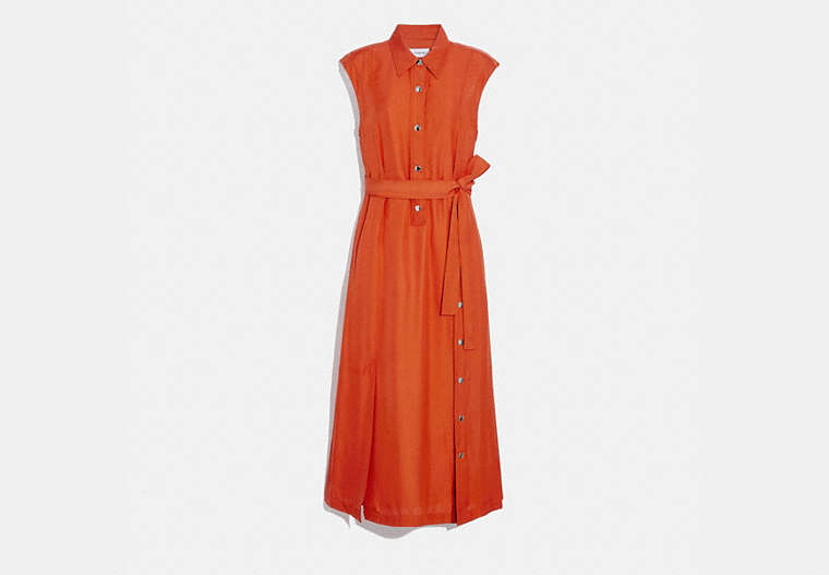 COACH®,LONG SHIRT DRESS WITH SIDE SLIT,twill,TANGERINE,Front View
