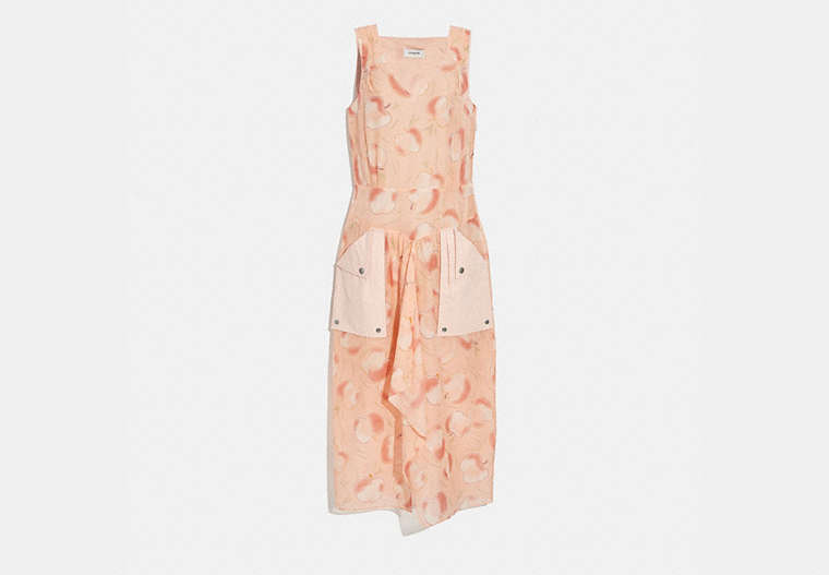 COACH®,APPLE PRINT LONG DRESS WITH SNAP POCKETS,cotton,PEACH,Front View