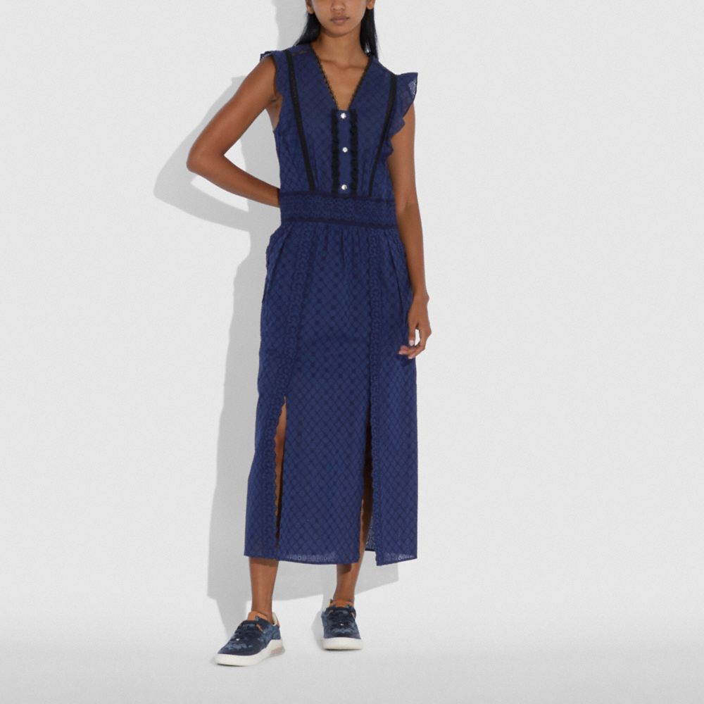 COACH®,BRODERIE ANGLAISE MAXI DRESS,cotton,NAVY,Scale View