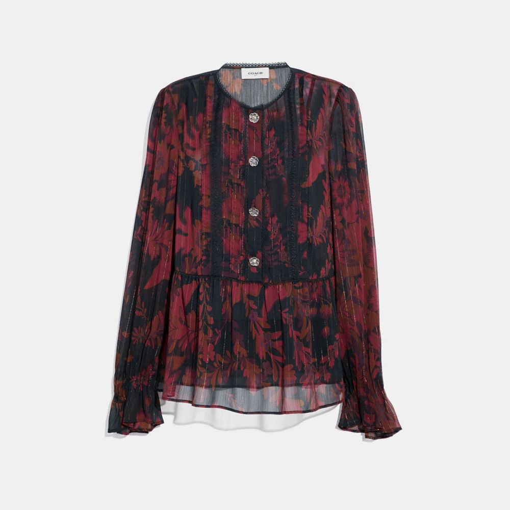 COACH®,FOREST FLORAL PRINT TEA ROSE BLOUSE,Mixed Material,DARK RED,Front View