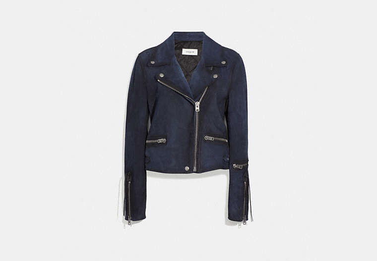 COACH®,BURNISHED SUEDE MOTO JACKET,Suede,NAVY,Front View