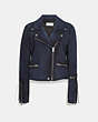 COACH®,BURNISHED SUEDE MOTO JACKET,Suede,NAVY,Front View