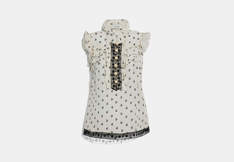 COACH®,LILY PRINT VICTORIAN TOP,Silk,Cream,Front View