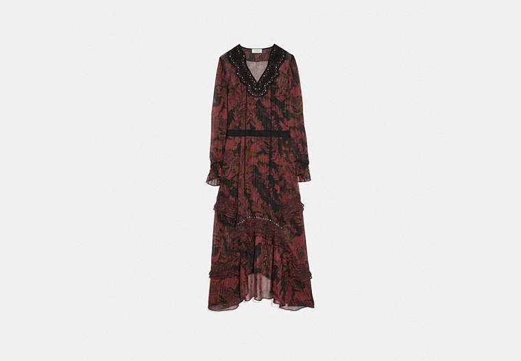COACH®,LONG EMBELLISHED FOREST FLORAL PRINT DRESS,Jacquard,DARK RED,Front View