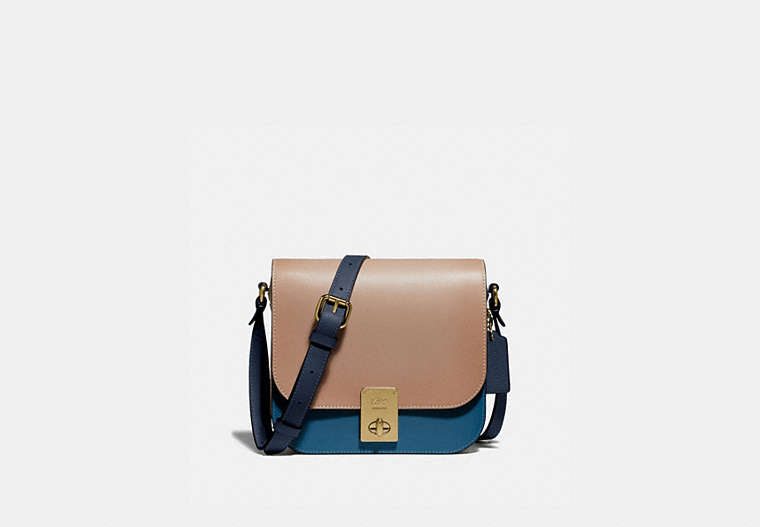 COACH®,HUTTON SADDLE BAG IN COLORBLOCK,Smooth Leather,Medium,Brass/Lake Multi,Front View