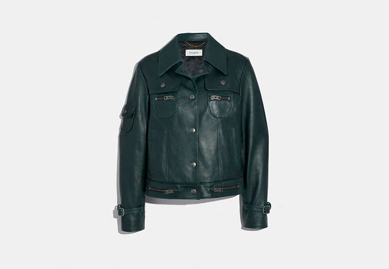 COACH®,LEATHER JACKET,Leather,FOREST GREEN,Front View