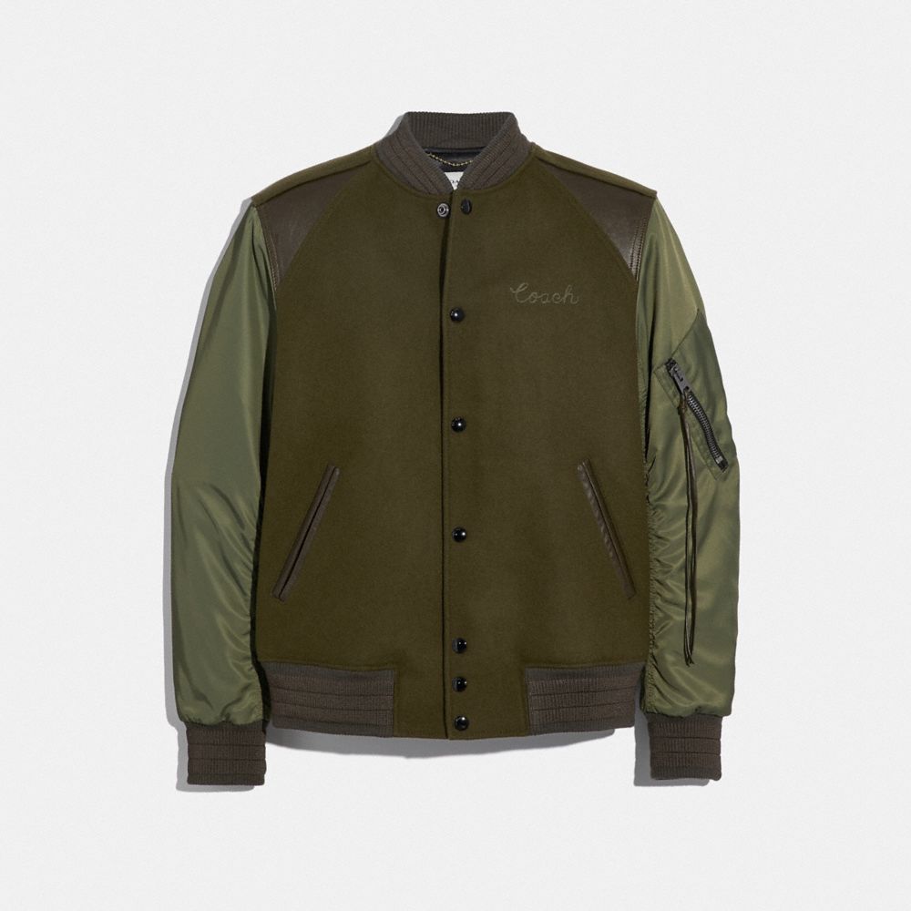 COACH®,MA-1 VARSITY JACKET,wool,ARMY GREEN,Front View