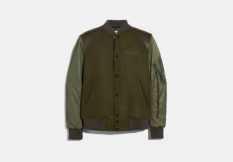 COACH®,MA-1 VARSITY JACKET,wool,ARMY GREEN,Front View