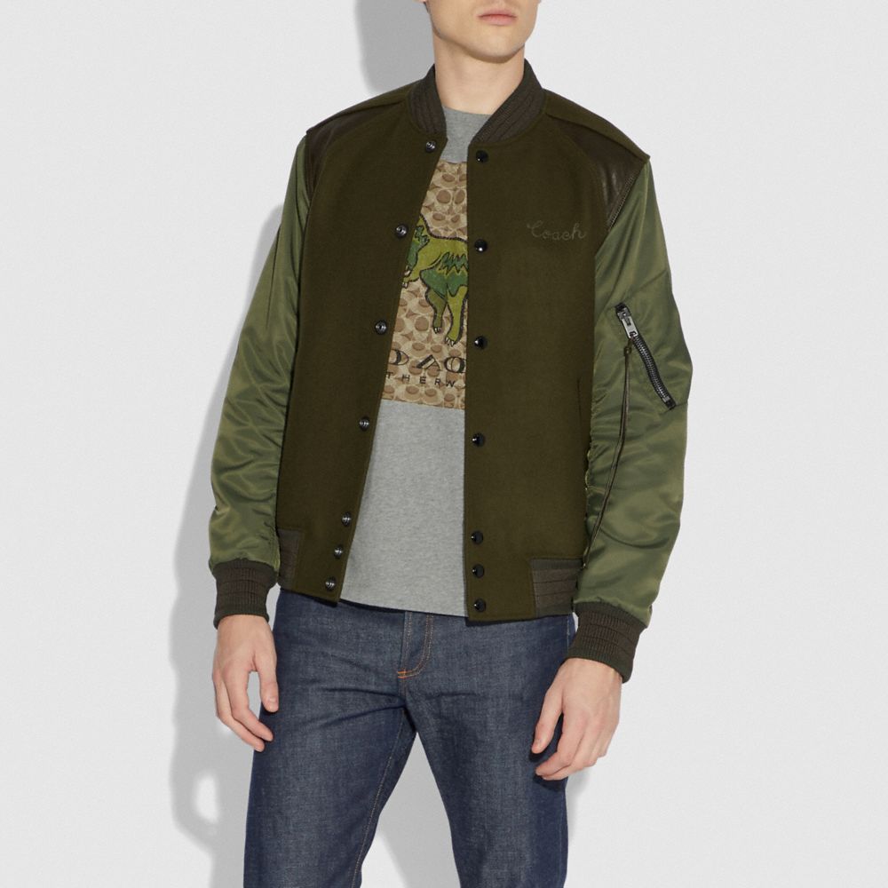 COACH®,MA-1 VARSITY JACKET,wool,ARMY GREEN,Scale View