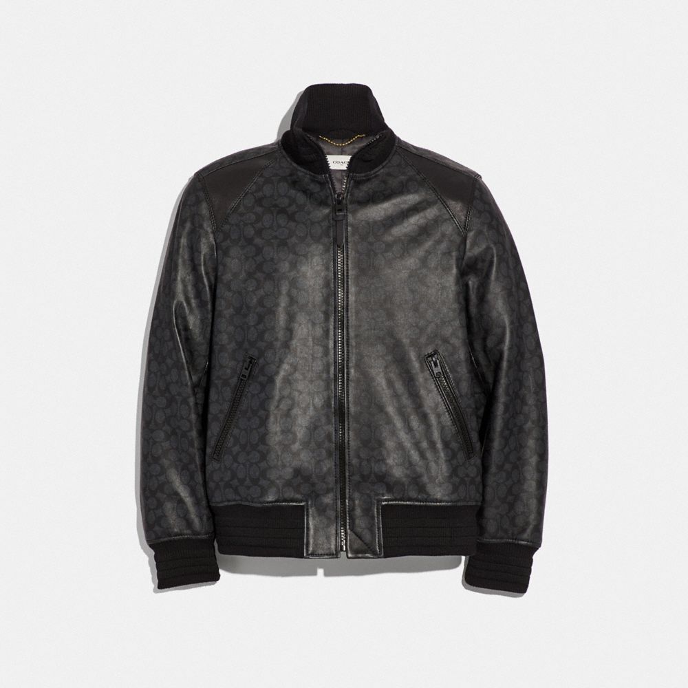 COACH®,SIGNATURE LEATHER TRACK JACKET,Leather,Charcoal,Front View