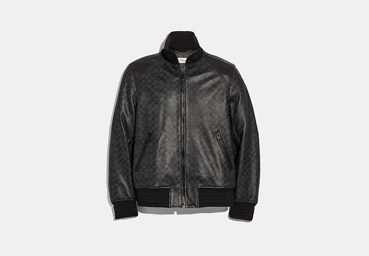 COACH®,SIGNATURE LEATHER TRACK JACKET,Leather,Charcoal,Front View