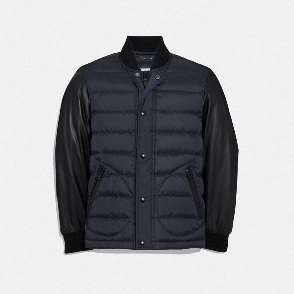 Lightweight Down Varsity Jacket With Leather Sleeves