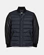 COACH®,LIGHTWEIGHT DOWN VARSITY JACKET WITH LEATHER SLEEVES,Polyester,Black/Navy,Front View