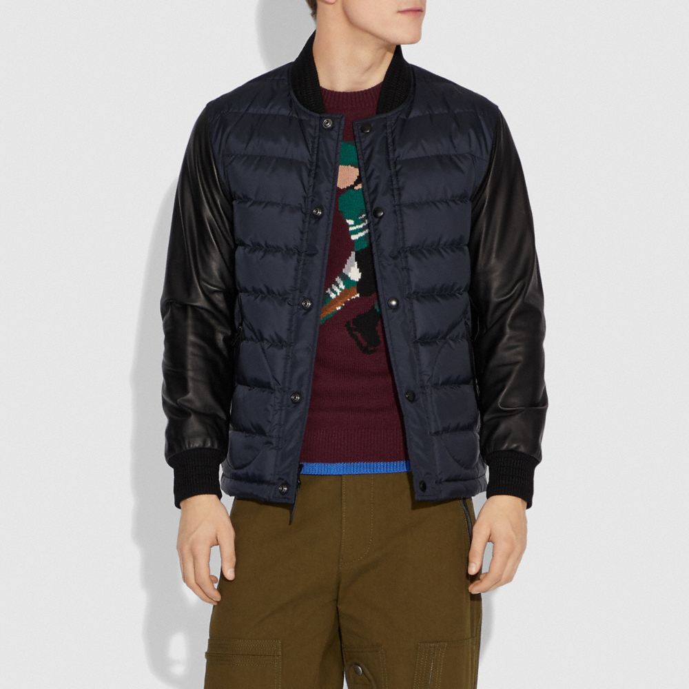 Lightweight Down Varsity Jacket With Leather Sleeves