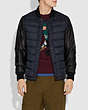 COACH®,LIGHTWEIGHT DOWN VARSITY JACKET WITH LEATHER SLEEVES,Polyester,Black/Navy,Scale View