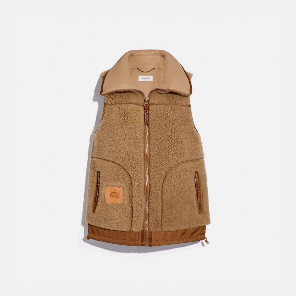 COACH®,SHEARLING VEST,Shearling,Camel,Front View