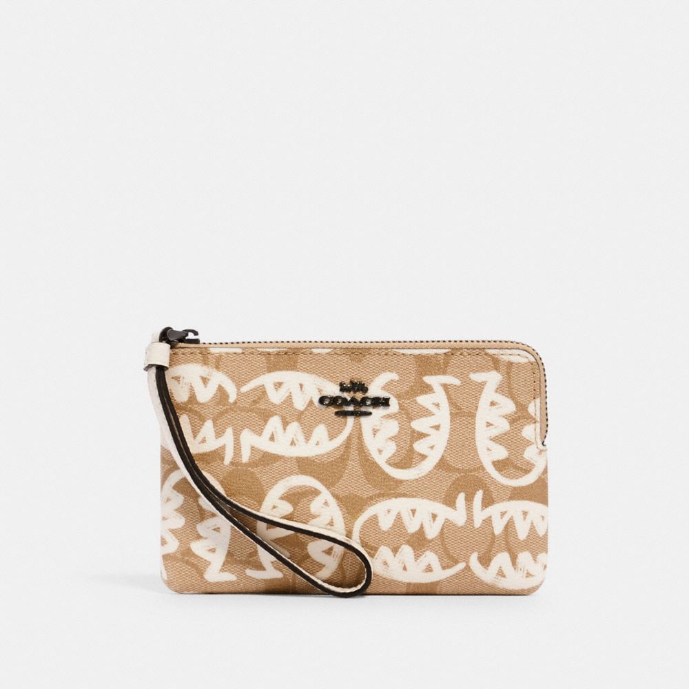 Wristlet à zip en coin en toile Signature avec motif Rexy par Guang Yu