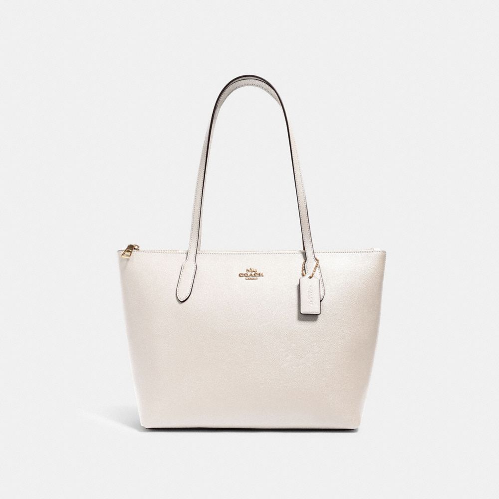 COACH®,ZIP TOP TOTE BAG,Crossgrain Leather,Everyday,Gold/Chalk,Front View