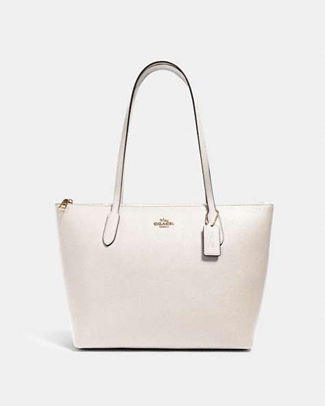 COACH®,ZIP TOP TOTE,Leather,Large,Everyday,Gold/Chalk,Front View