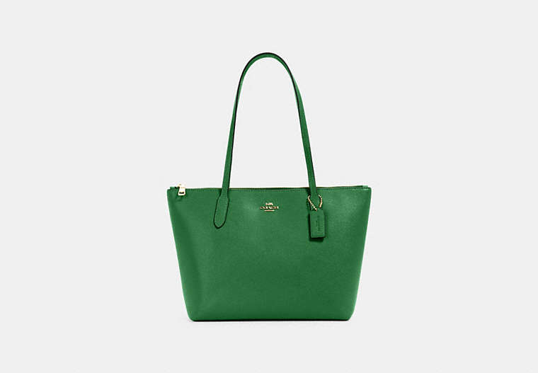 COACH®,ZIP TOP TOTE BAG,Crossgrain Leather,Large,Everyday,Gold/Kelly Green,Front View