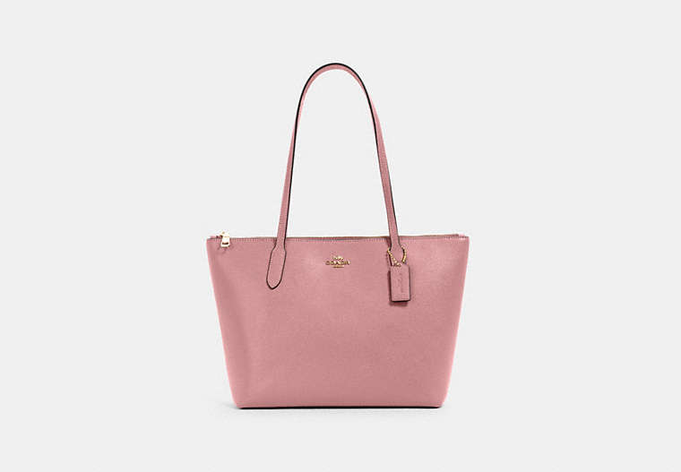 COACH®,ZIP TOP TOTE,Crossgrain Leather,Large,Everyday,Gold/True Pink,Front View