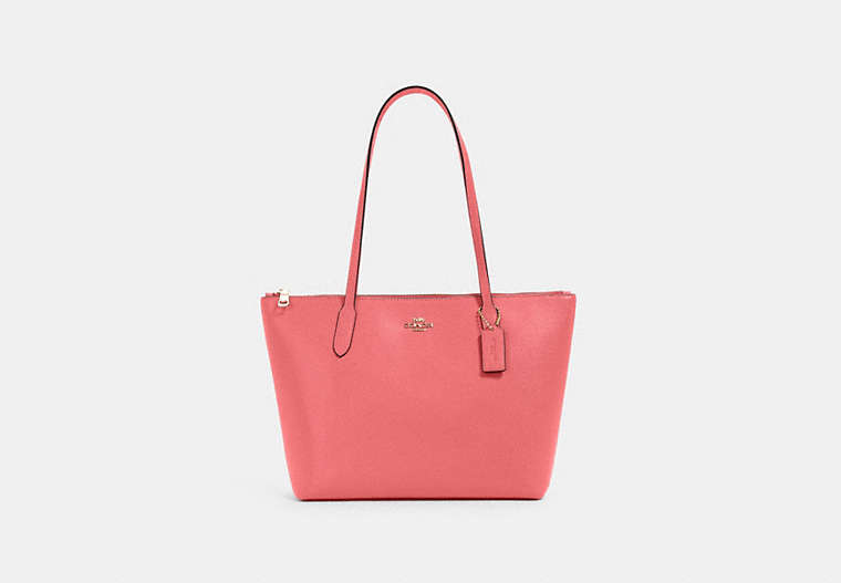 COACH®,ZIP TOP TOTE BAG,Crossgrain Leather,Large,Everyday,Gold/Pink Lemonade,Front View