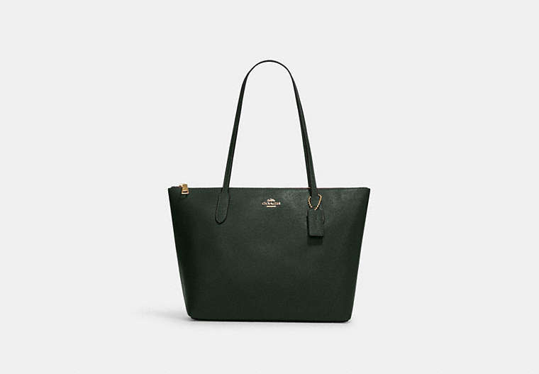 COACH®,ZIP TOP TOTE BAG,Crossgrain Leather,Large,Everyday,Gold/Amazon Green,Front View