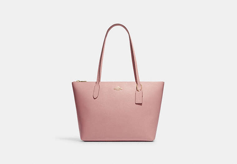COACH®,ZIP TOP TOTE BAG,Crossgrain Leather,Large,Everyday,Gold/Shell Pink,Front View