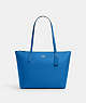 COACH®,ZIP TOP TOTE,Crossgrain Leather,Large,Everyday,Silver/Bright Blue,Front View