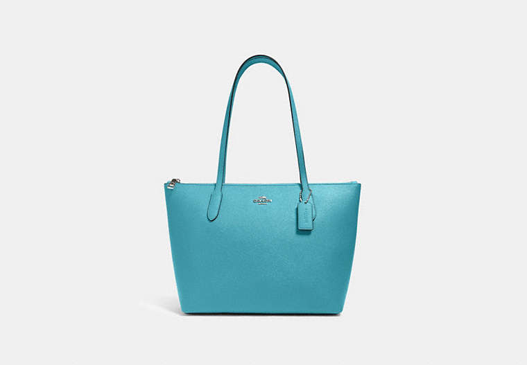 COACH®,ZIP TOP TOTE,Crossgrain Leather,Large,Everyday,Silver/Aqua,Front View
