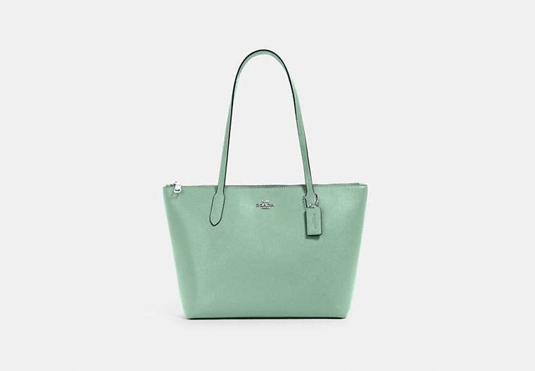 COACH®,ZIP TOP TOTE BAG,Crossgrain Leather,Large,Everyday,Silver/Washed Green,Front View