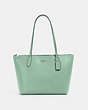COACH®,ZIP TOP TOTE BAG,Crossgrain Leather,Large,Everyday,Silver/Washed Green,Front View