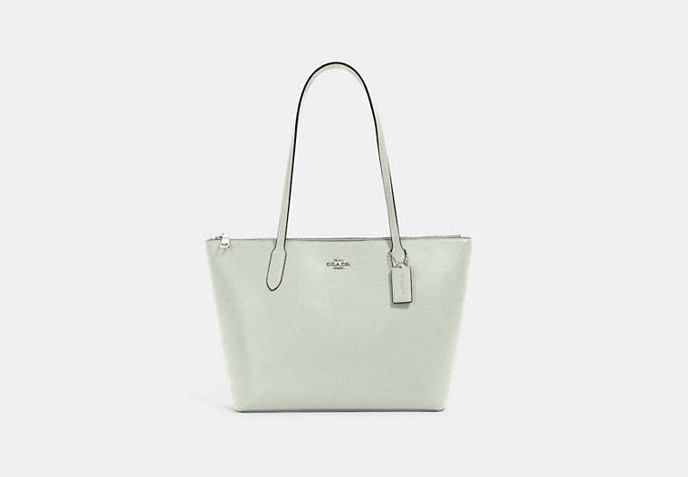 COACH®,ZIP TOP TOTE BAG,Crossgrain Leather,Large,Everyday,Silver/Light Sage,Front View