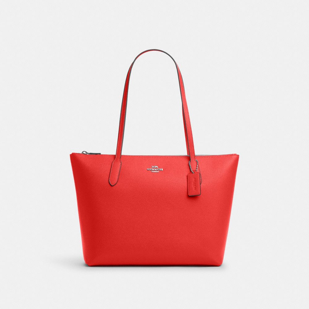 COACH®,ZIP TOP TOTE BAG,Everyday,Silver/Miami Red,Front View