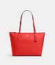 COACH®,ZIP TOP TOTE,Crossgrain Leather,Large,Everyday,Silver/Miami Red,Front View