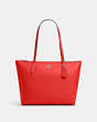COACH®,ZIP TOP TOTE BAG,Crossgrain Leather,Large,Everyday,Silver/Miami Red,Front View