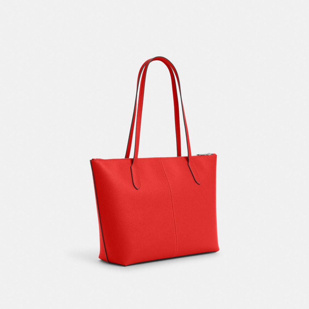 COACH®,ZIP TOP TOTE BAG,Crossgrain Leather,Everyday,Silver/Miami Red,Angle View