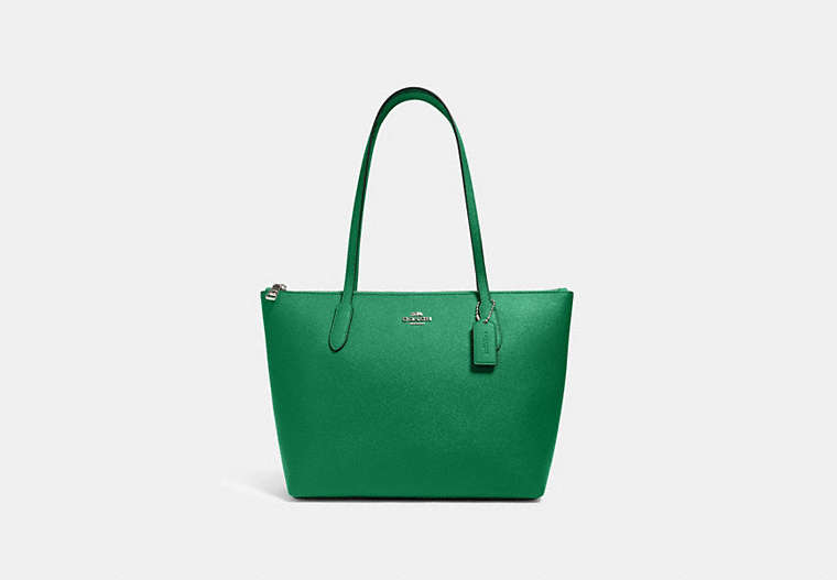 COACH®,ZIP TOP TOTE,Crossgrain Leather,Large,Everyday,Silver/Shamrock,Front View