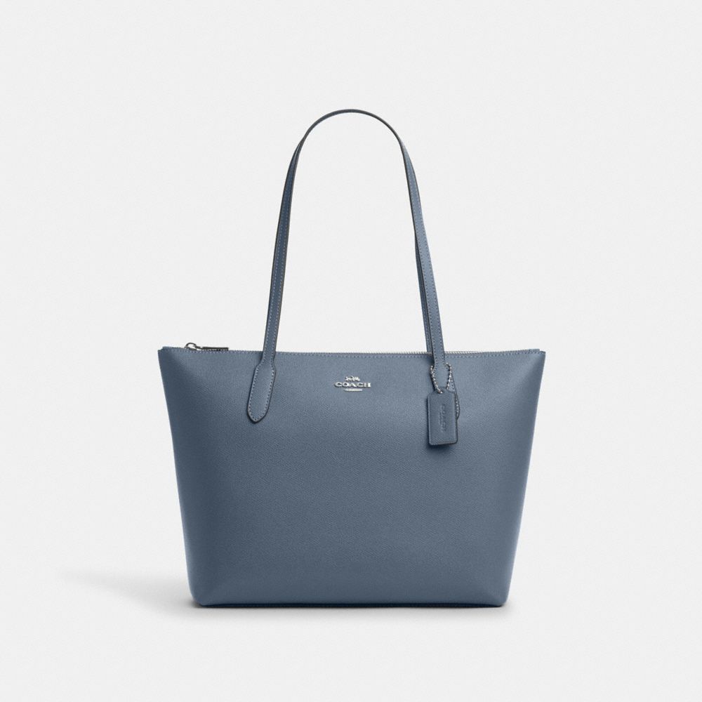 COACH®,ZIP TOP TOTE BAG,Crossgrain Leather,Everyday,Silver/Light Mist,Front View