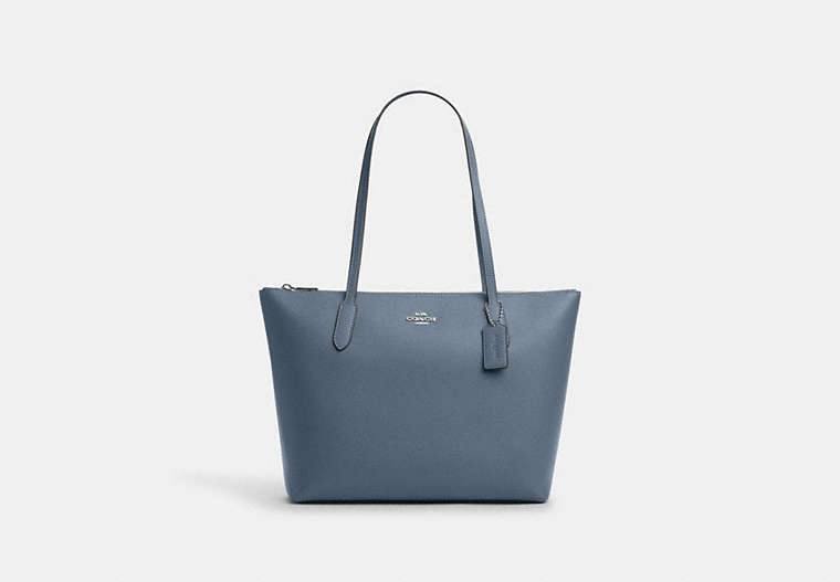 COACH®,ZIP TOP TOTE BAG,Crossgrain Leather,Large,Everyday,Silver/Light Mist,Front View