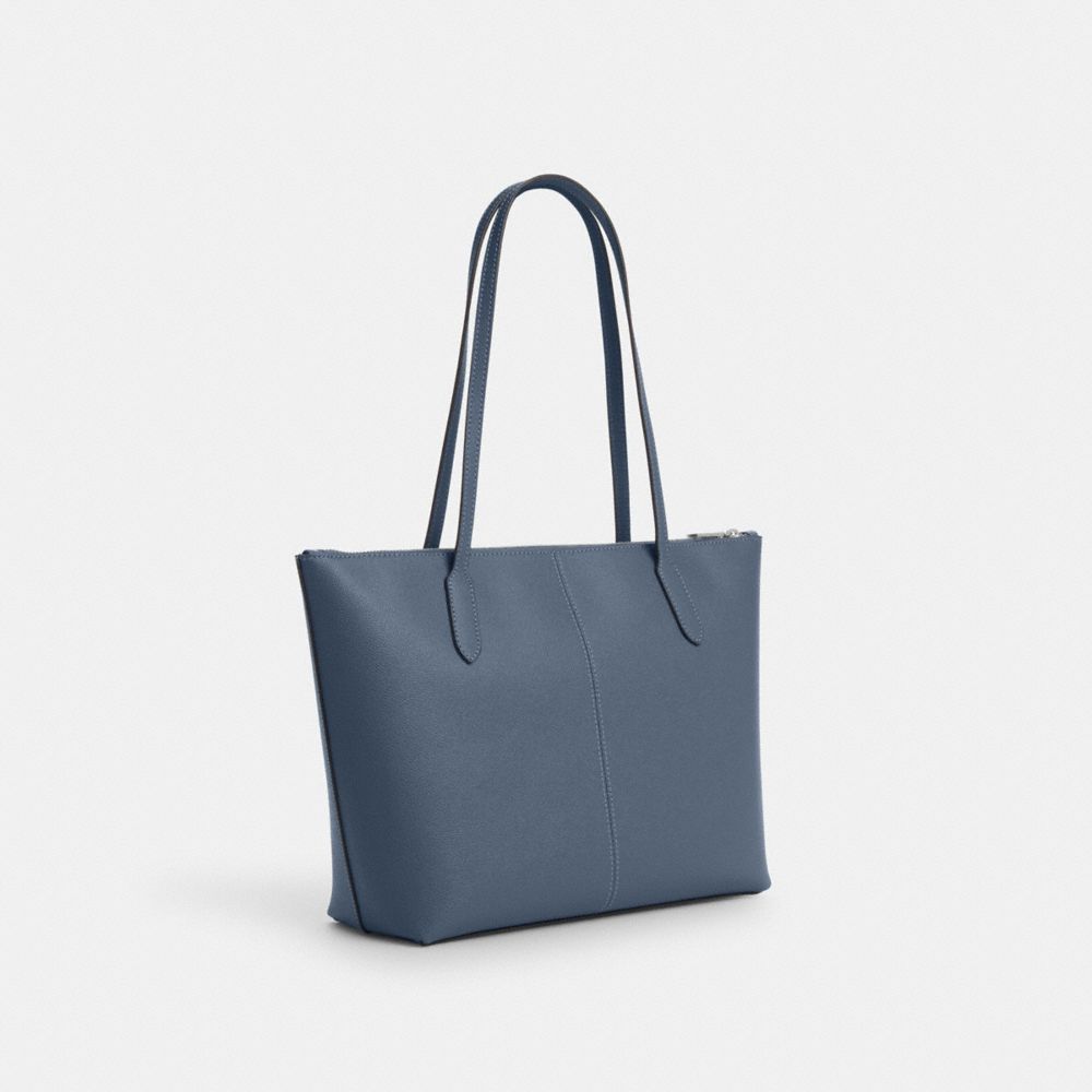 COACH®,ZIP TOP TOTE BAG,Crossgrain Leather,Everyday,Silver/Light Mist,Angle View
