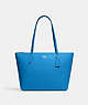 COACH®,ZIP TOP TOTE BAG,Crossgrain Leather,Large,Everyday,Silver/Racer Blue,Front View