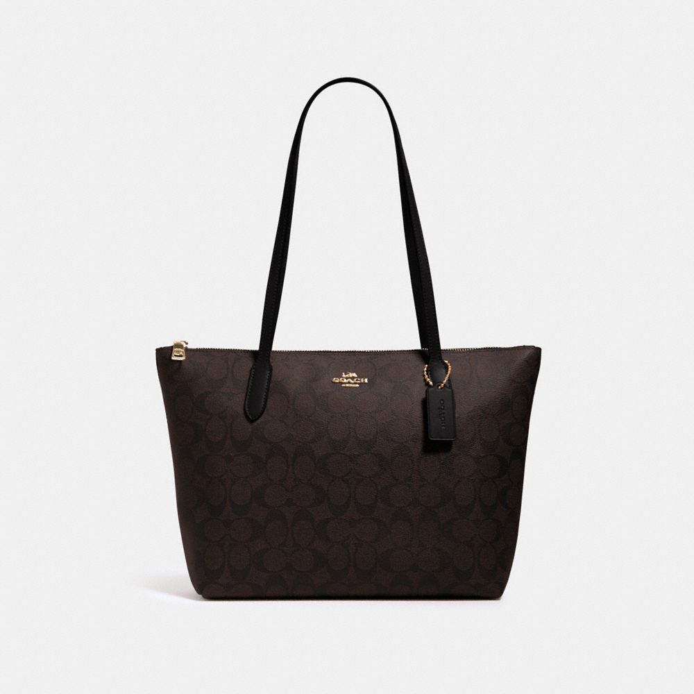 COACH®,ZIP TOP TOTE BAG IN SIGNATURE CANVAS,Signature Canvas,Large,Everyday,Gold/Brown Black,Front View