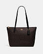 COACH®,ZIP TOP TOTE IN SIGNATURE CANVAS,pvc,Large,Everyday,Gold/Brown Black,Front View